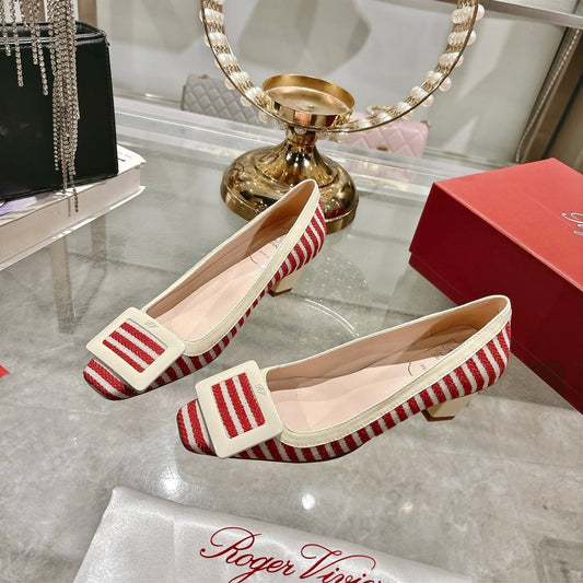 ROGER VIVIER 25S TROMPETTE BALLERINAS 45MM IN RED PLAID PATTERN CANVAS - 34