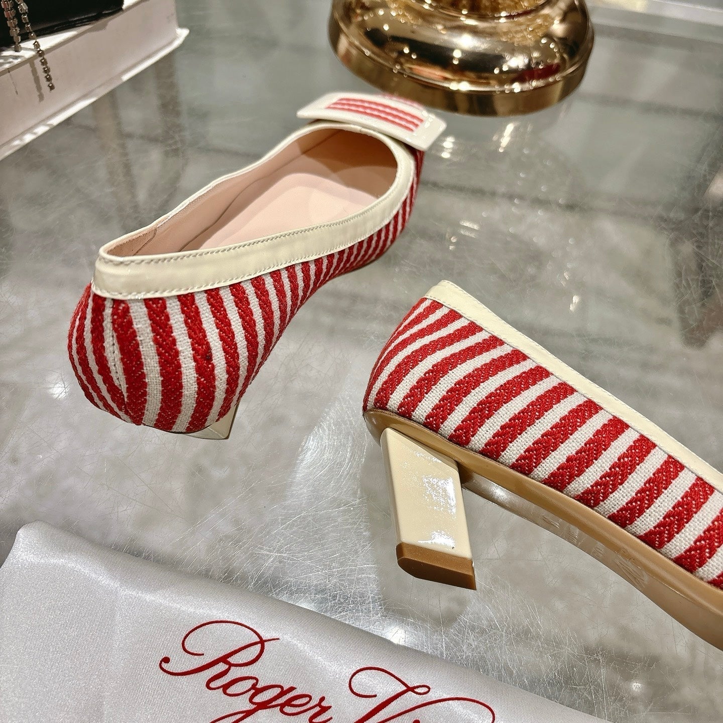 ROGER VIVIER 25S TROMPETTE BALLERINAS 45MM IN RED PLAID PATTERN CANVAS - 34