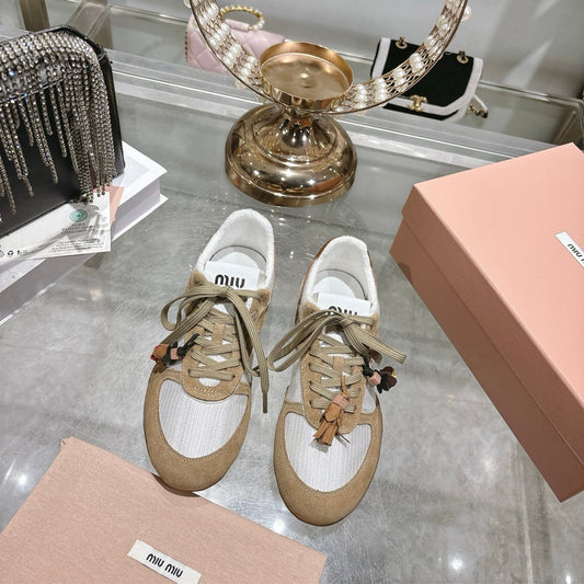 MIUMIU 26S LACE UP SNEAKERS IN BEIGE SUEDE WHITE FABRIC CHARM DETAIL