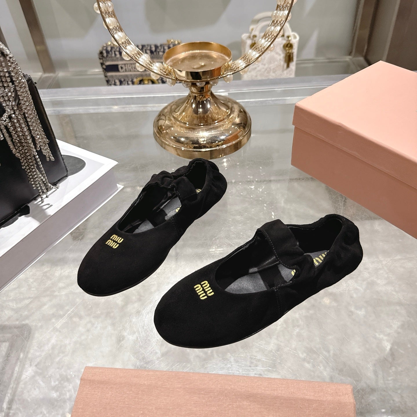 MIUMIU 26S MARY JANE FLATS IN BLACK SUEDE ELASTIC STRAP