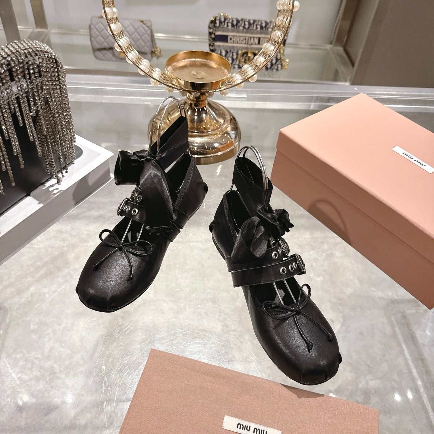 MIUMIU 26S SLINGBACK BALLET FLATS IN BLACK CALFSKIN SILVER HARDWARE
