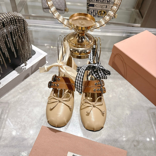 MIUMIU 26S SLINGBACK BALLET FLATS IN BEIGE CALFSKIN AND BROWN STRAP RIBBON
