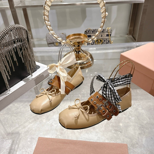 MIUMIU 26S БАЛЕТКИ-СЛІНГБЕКИ З БЕЖЕВОЇ ТЕЛЯЧОЇ ШКІРИ ТА КОРИЧНЕВОЮ СТРІЧКОЮ