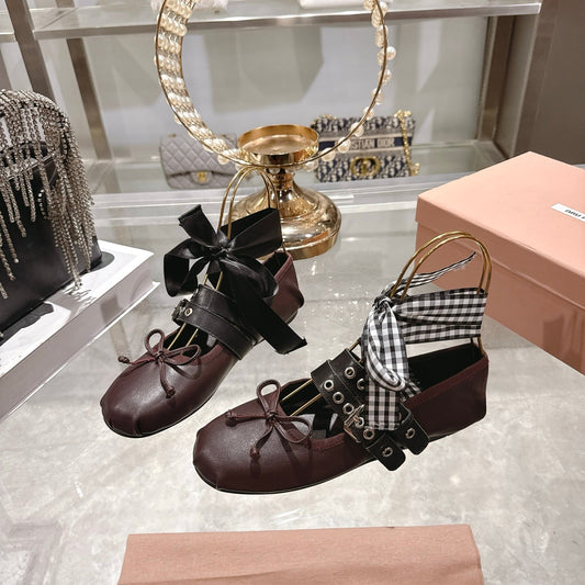 MIUMIU 26S БАЛЕТКИ-СЛІНГБЕКИ З ТЕМНО-КОРИЧНЕВОЇ ШКІРИ ТЕЛЯТИ ТА ЧОРНОЇ СТРІЧКИ