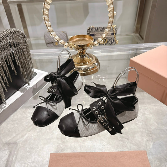 Балетки MIUMIU 26S СЛІНГБЕКИ З ЧОРНОЇ ТЕЛЯЧОЇ ШКІРИ ТА БЕЖЕВОЇ ПОЛОТНЯНОЇ СТРІЧКИ