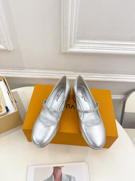 LV WOMEN ROMY HIGH BALLERINA IN SILVER METALLIC LAMBSKIN - 35