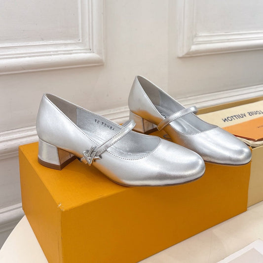 LV WOMEN ROMY HIGH BALLERINA IN SILVER METALLIC LAMBSKIN - 35
