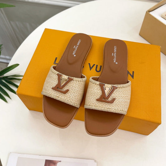 LV WOMEN CAPRI FLAT MULES IN CHOCOLATE BROWN LEATHER AND RAFFIA - 35
