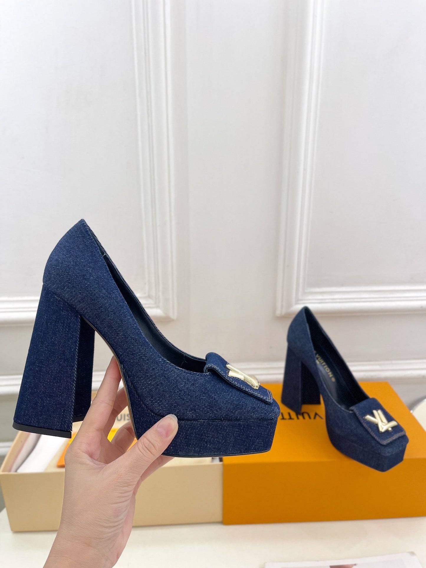 SHAKE MARY JANE HIGH HEEL 12 CM IN CLASSIC BLUE DENIM FABRIC - 34