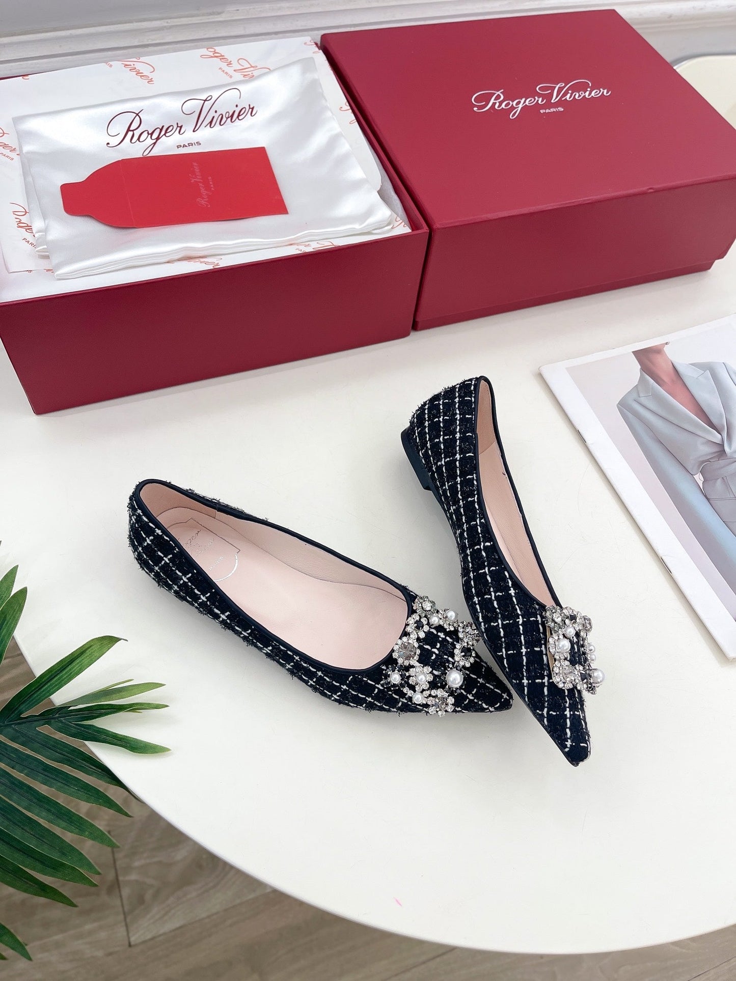 EFFLORESCENCE BALLERINAS IN BLACK TWEED WITH FINE WHITE STRIPES EMBELLISHED CRYSTALS - 35