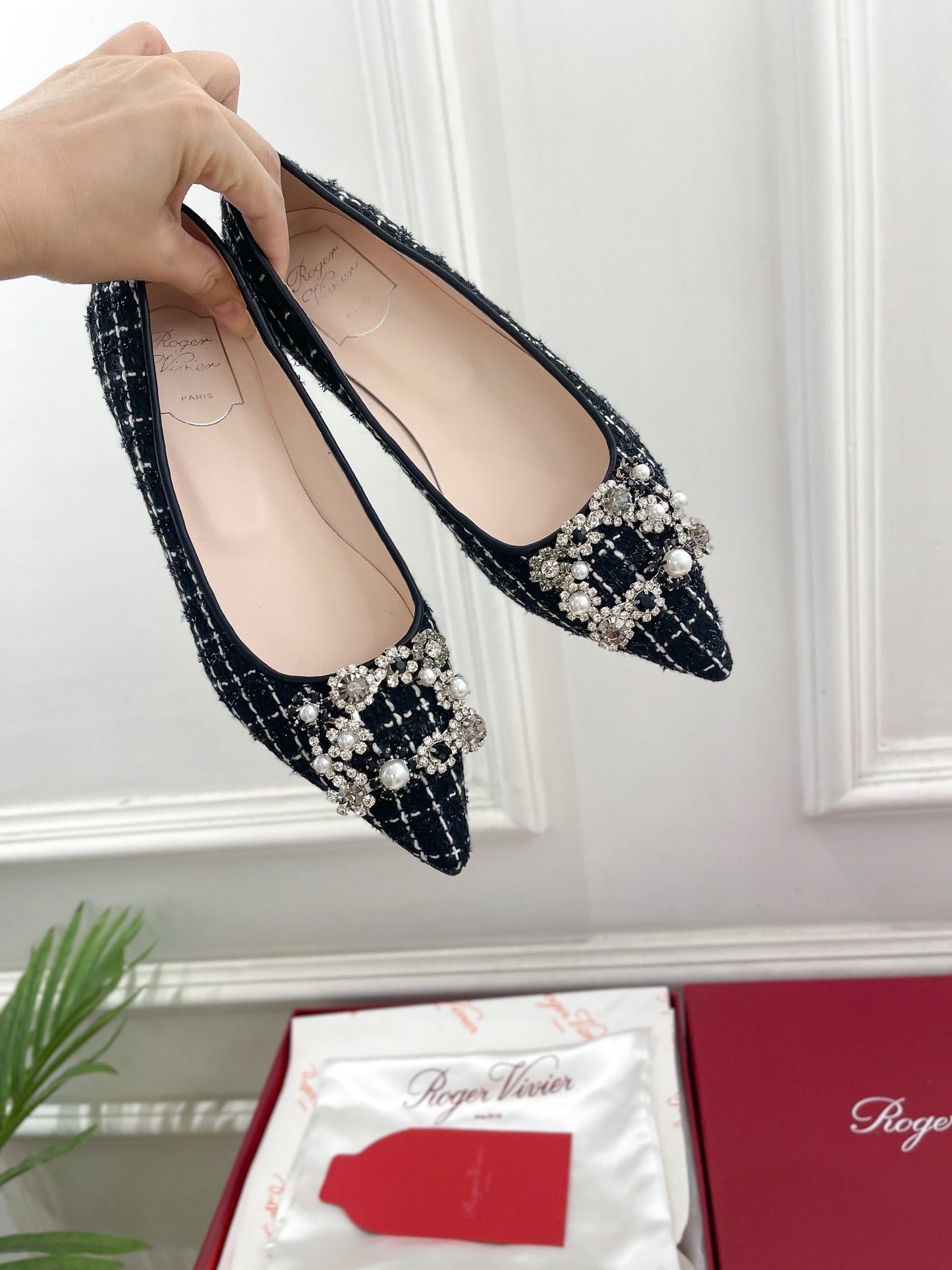EFFLORESCENCE BALLERINAS IN BLACK TWEED WITH FINE WHITE STRIPES EMBELLISHED CRYSTALS - 35