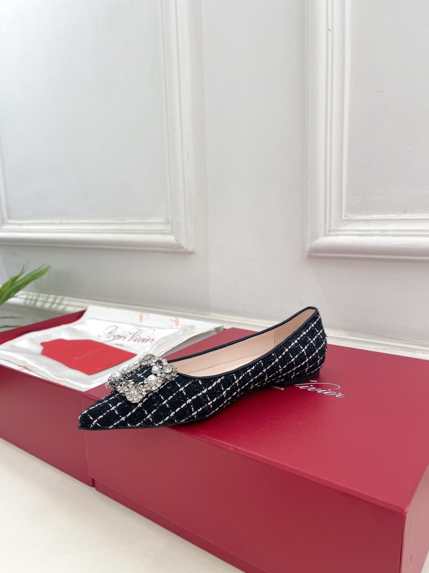 EFFLORESCENCE BALLERINAS IN BLACK TWEED WITH FINE WHITE STRIPES EMBELLISHED CRYSTALS - 35