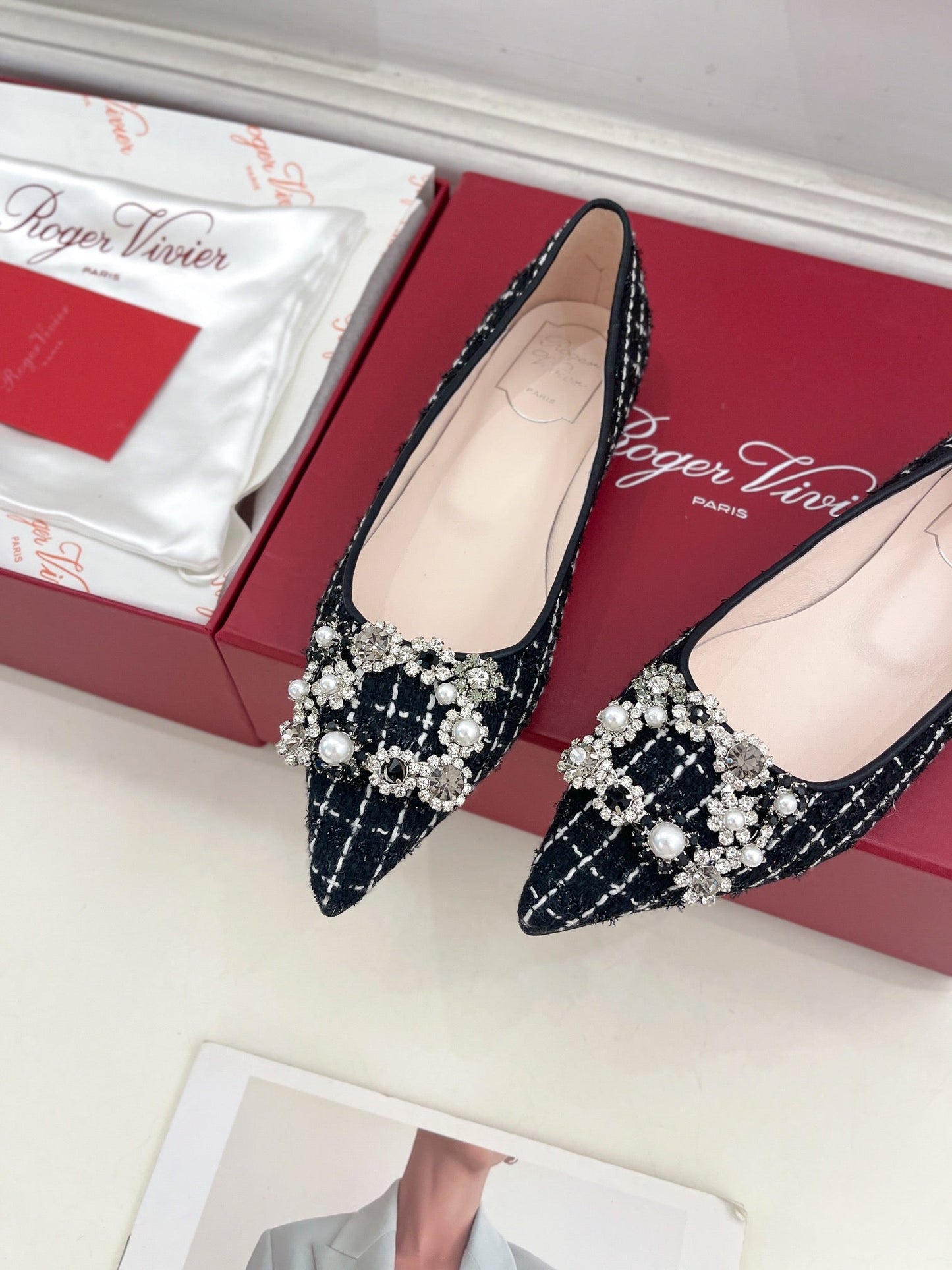 EFFLORESCENCE BALLERINAS IN BLACK TWEED WITH FINE WHITE STRIPES EMBELLISHED CRYSTALS - 35