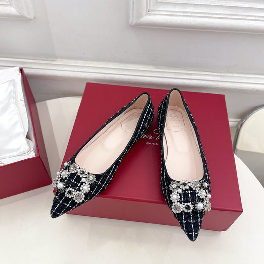EFFLORESCENCE BALLERINAS IN BLACK TWEED WITH FINE WHITE STRIPES EMBELLISHED CRYSTALS - 35