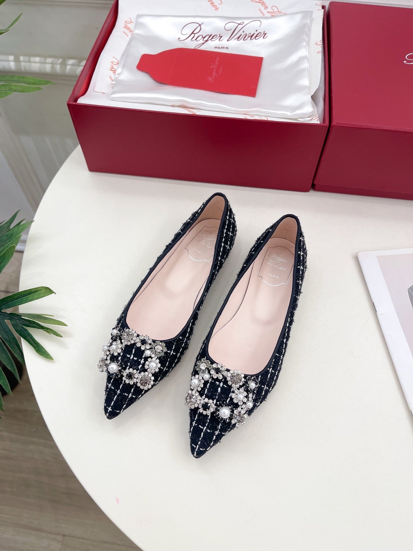 EFFLORESCENCE BALLERINAS IN BLACK TWEED WITH FINE WHITE STRIPES EMBELLISHED CRYSTALS - 35