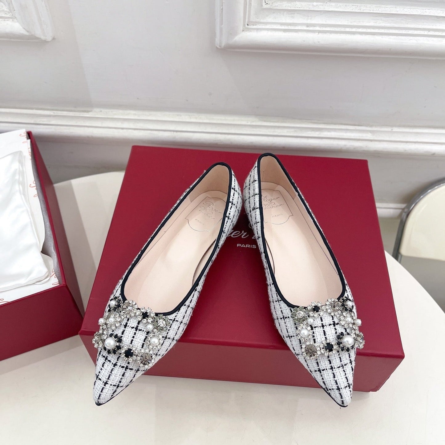 EFFLORESCENCE BALLERINAS IN WHITE TWEED WITH FINE BLACK STRIPES EMBELLISHED CRYSTALS - 35