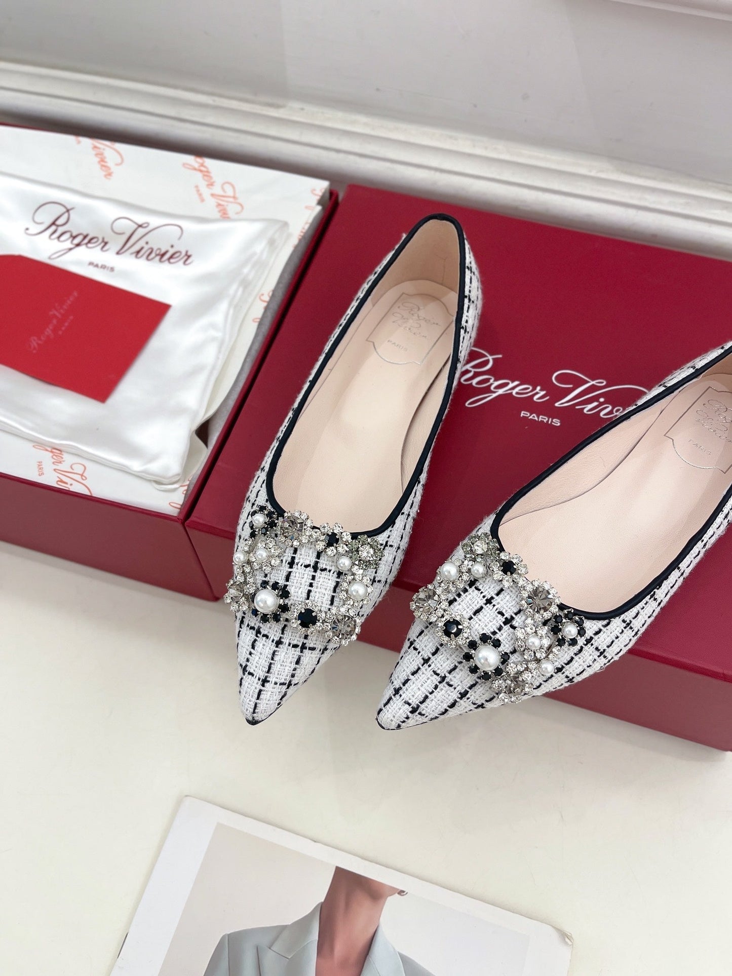 EFFLORESCENCE BALLERINAS IN WHITE TWEED WITH FINE BLACK STRIPES EMBELLISHED CRYSTALS - 35