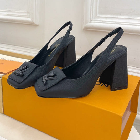 SHAKE SQUARE-TOE BLOCK HEEL 9 CM SANDALS IN BLACK PEPPLE CALFSKIN - 35