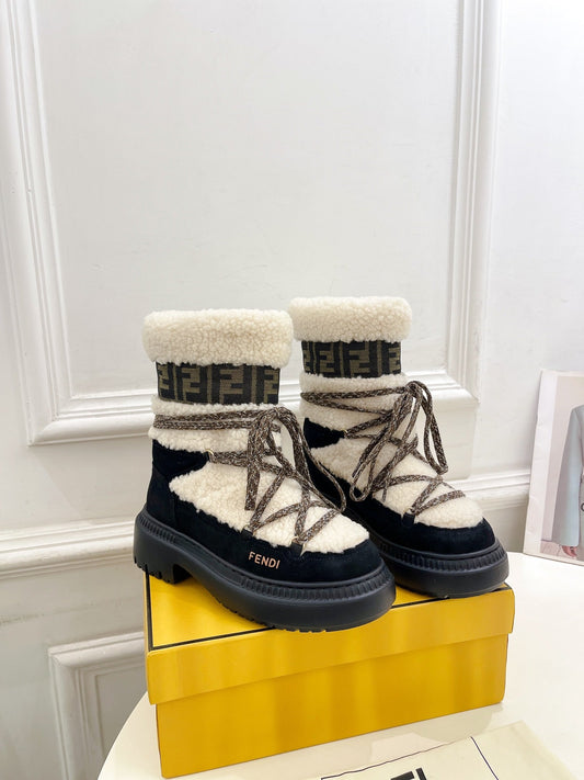 FENDI BOOTS 50MM IN BLACK AND BEIGE SHEARLING AND SUEDE - 35