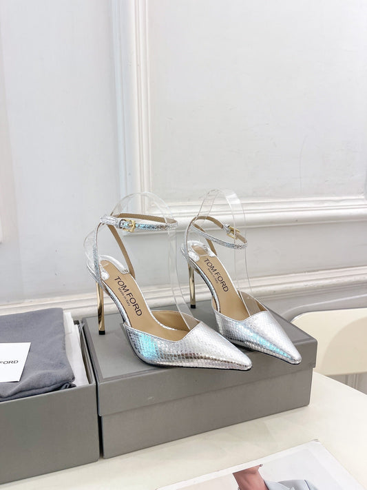 HIGH SLINGBACKS 10 CM IN SILVER SNAKE-PATTERN CALFSKIN