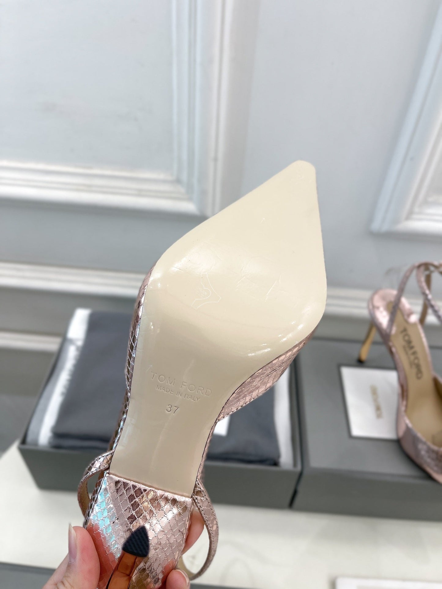 HIGH SLINGBACKS 10 CM IN LIGHT PINK SNAKE-PATTERN CALFSKIN