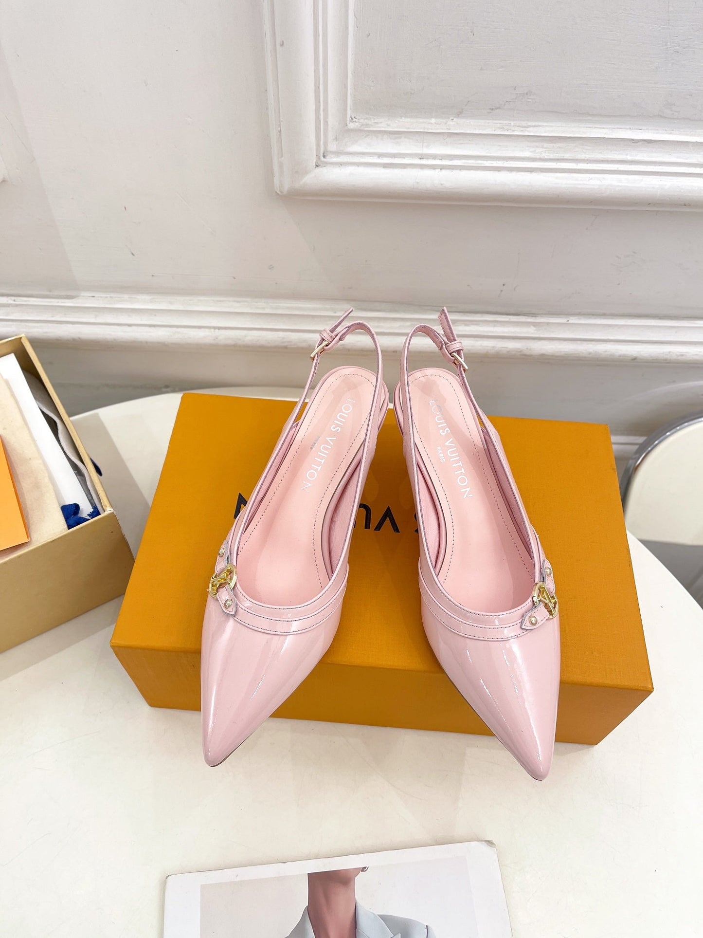 HIGH SLINGBACKS 5 CM IN BABY PINK CALFSKIN - 35