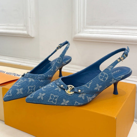 HIGH SLINGBACKS 5 CM IN CLASSIC BLUE MONOGRAM DENIM FABRIC - 35