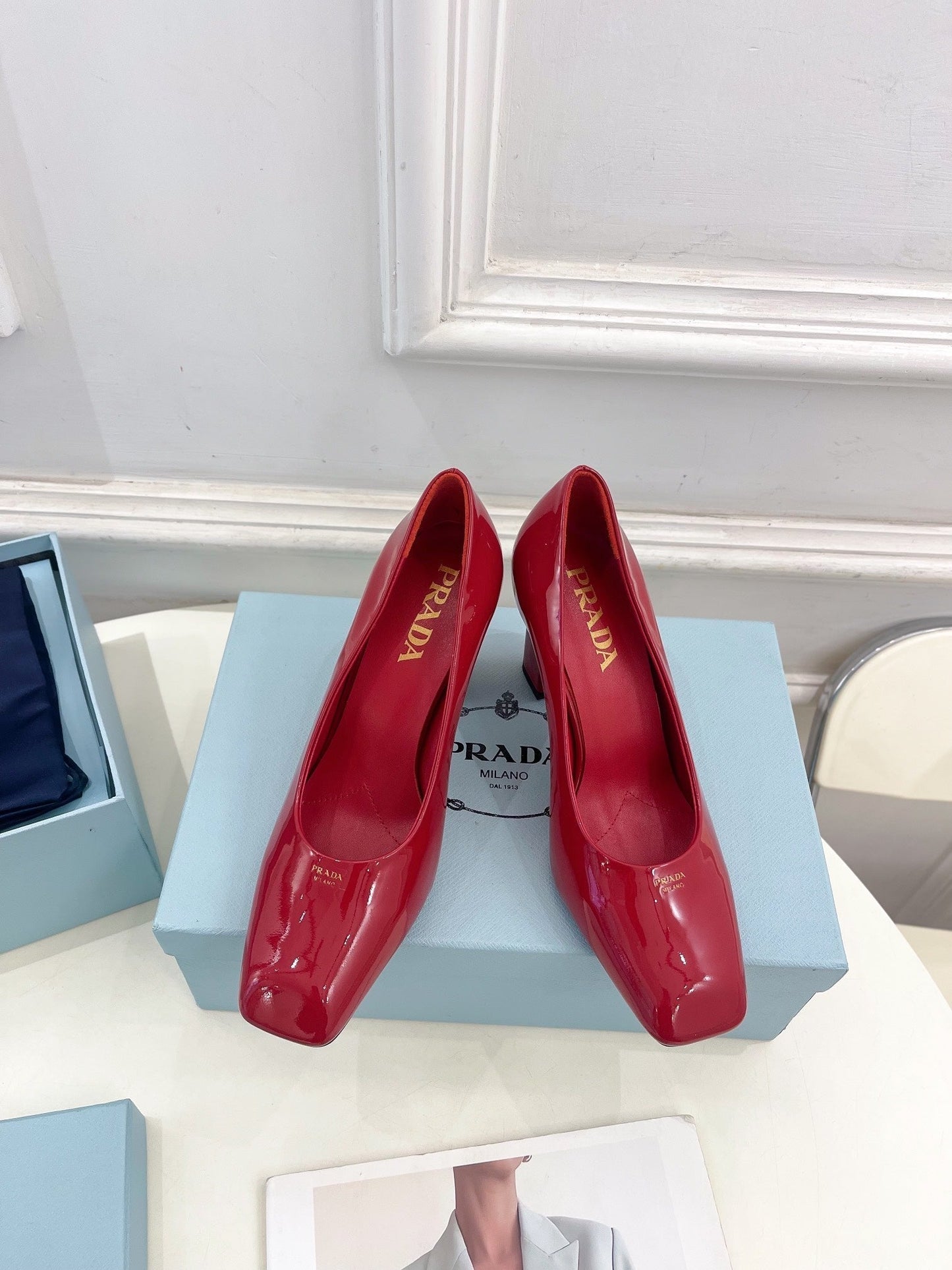SQUARE TOE HIGH PUMPS IN CRIMSON RED GLOSSY CALFSKIN - 34