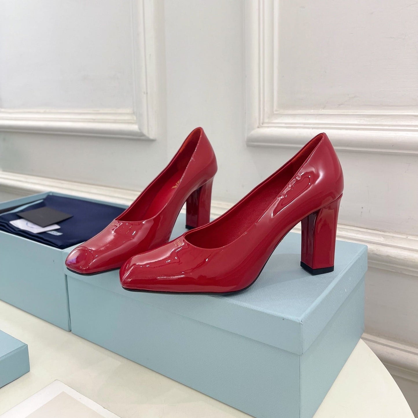 SQUARE TOE HIGH PUMPS IN CRIMSON RED GLOSSY CALFSKIN - 34