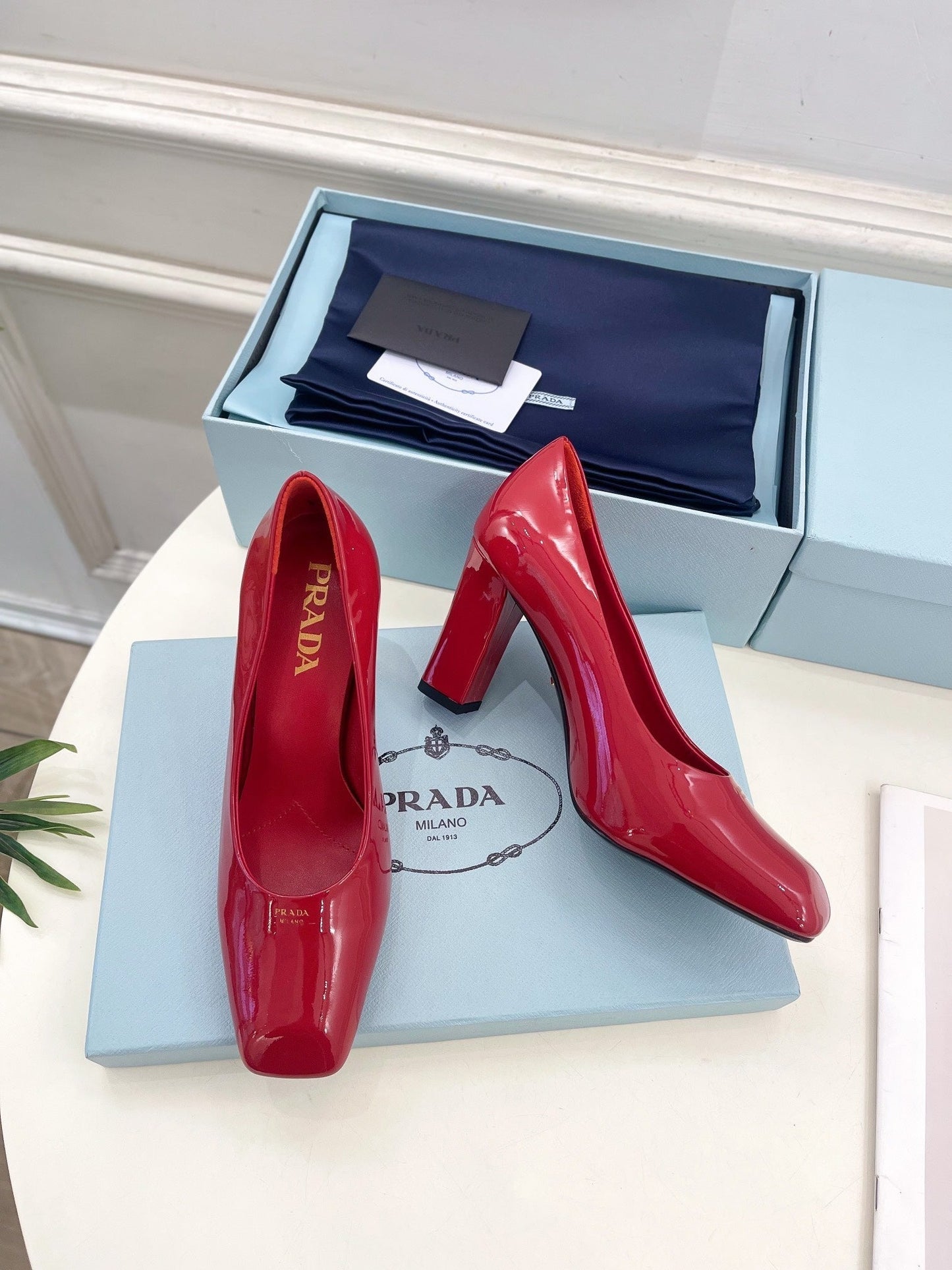 SQUARE TOE HIGH PUMPS IN CRIMSON RED GLOSSY CALFSKIN - 34