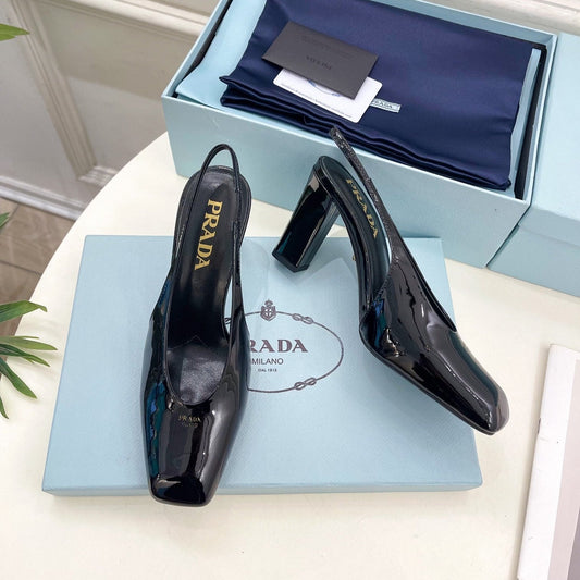 SQUARE TOE SLINGBACK PUMPS IN BLACK GLOSSY CALFSKIN - 34
