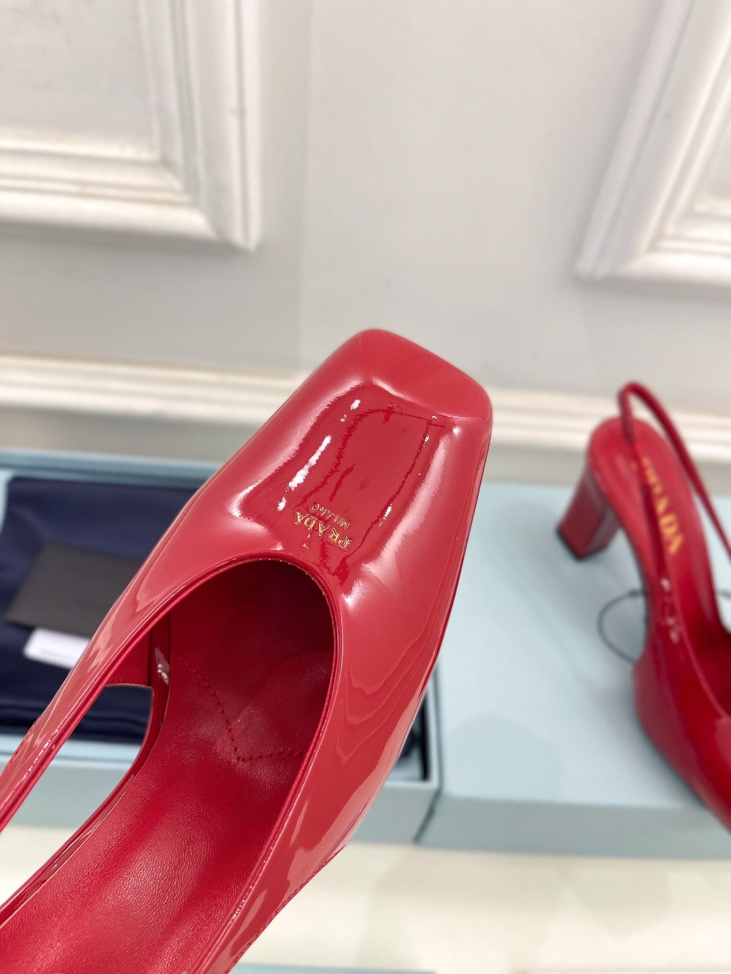 SQUARE TOE SLINGBACK PUMPS IN CRIMSON RED GLOSSY CALFSKIN - 34