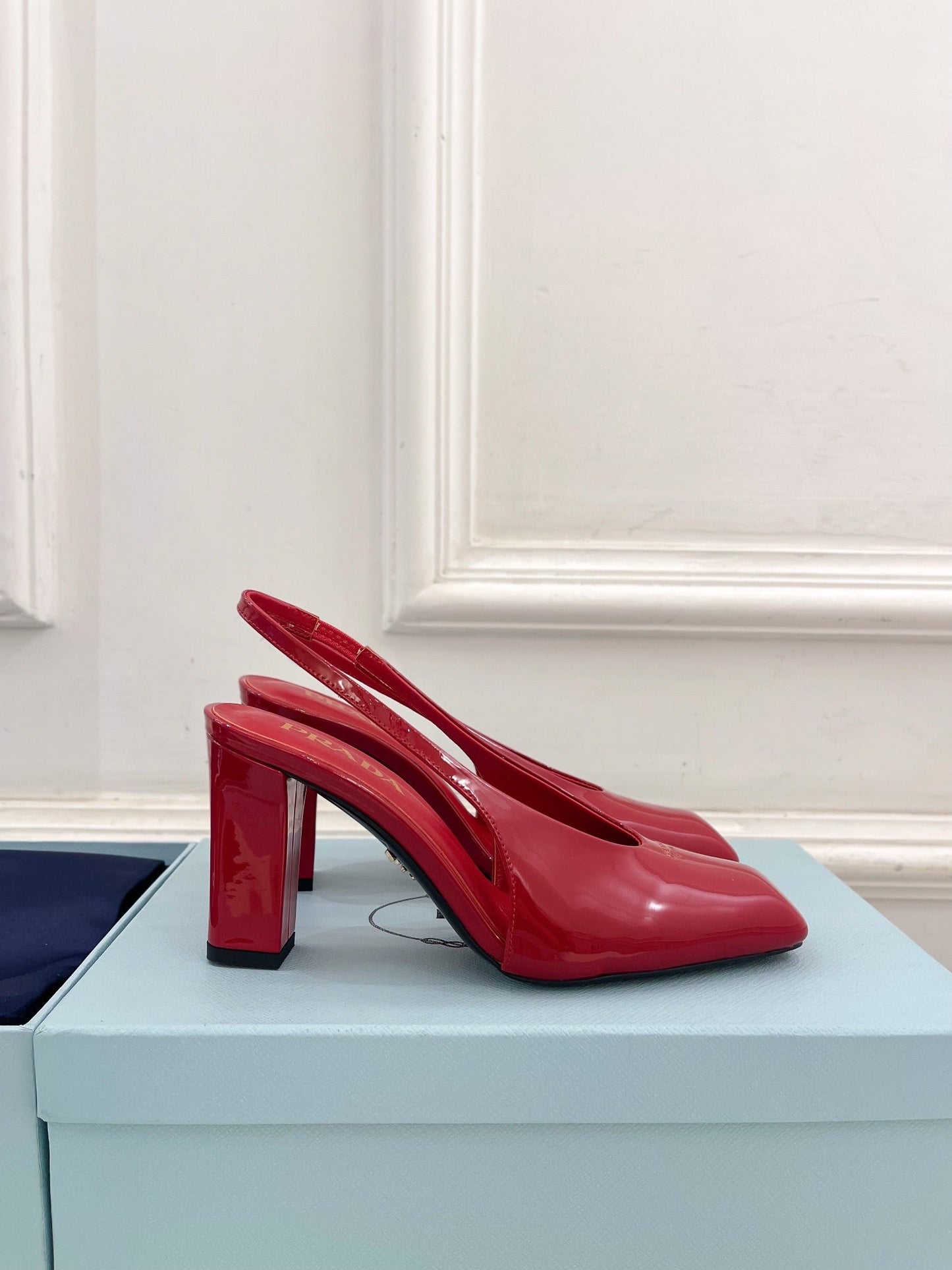 SQUARE TOE SLINGBACK PUMPS IN CRIMSON RED GLOSSY CALFSKIN - 34