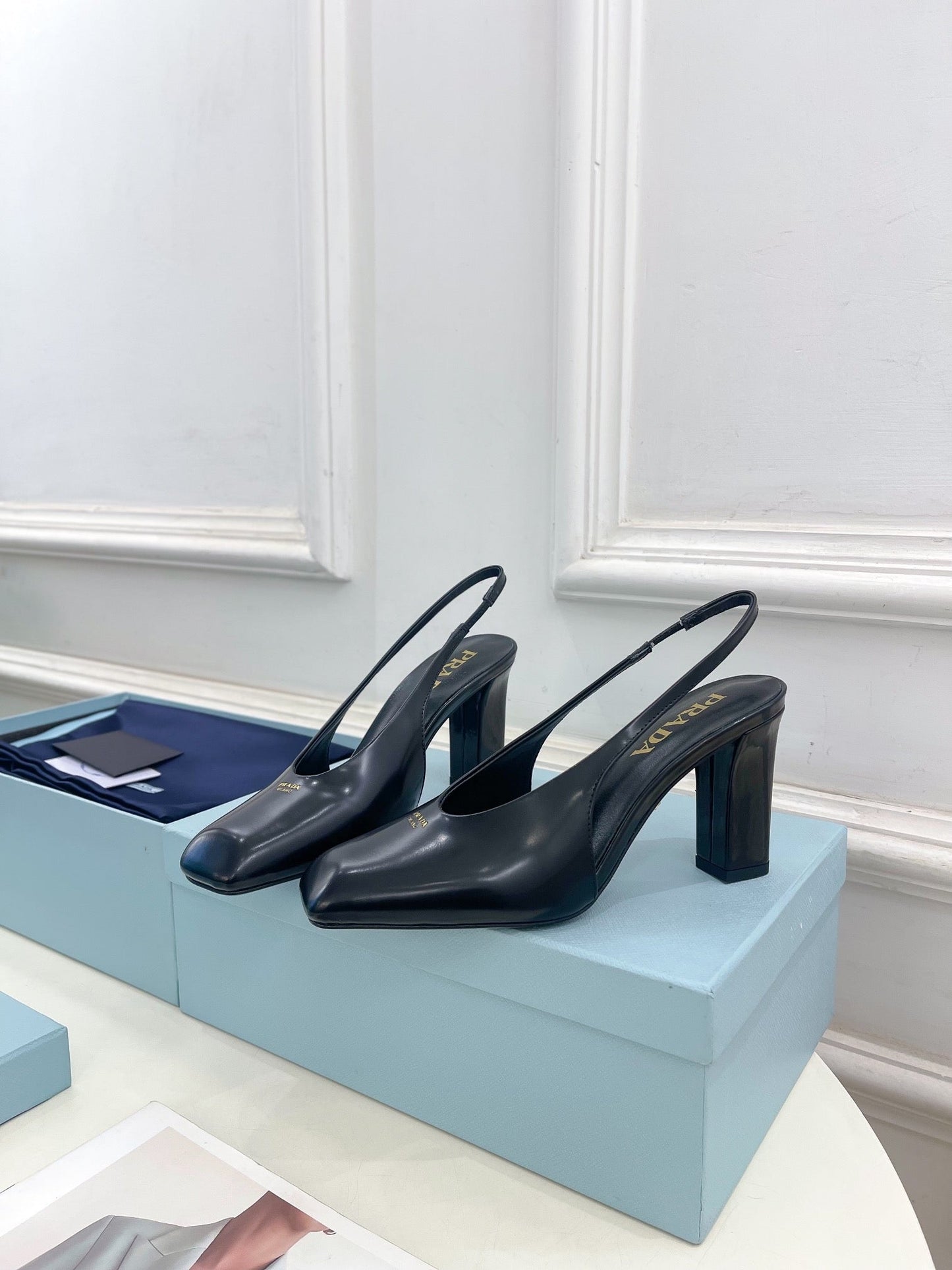SQUARE TOE SLINGBACK PUMPS IN BLACK SMOOTH LAMBSKIN - 34