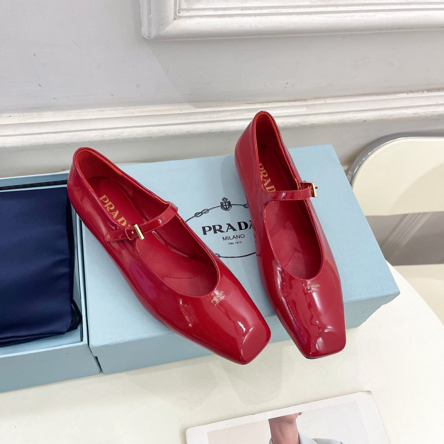 MARY JANE FLATS SQUARE TOE IN CRIMSON RED PATENT SHEEPSKIN - 35