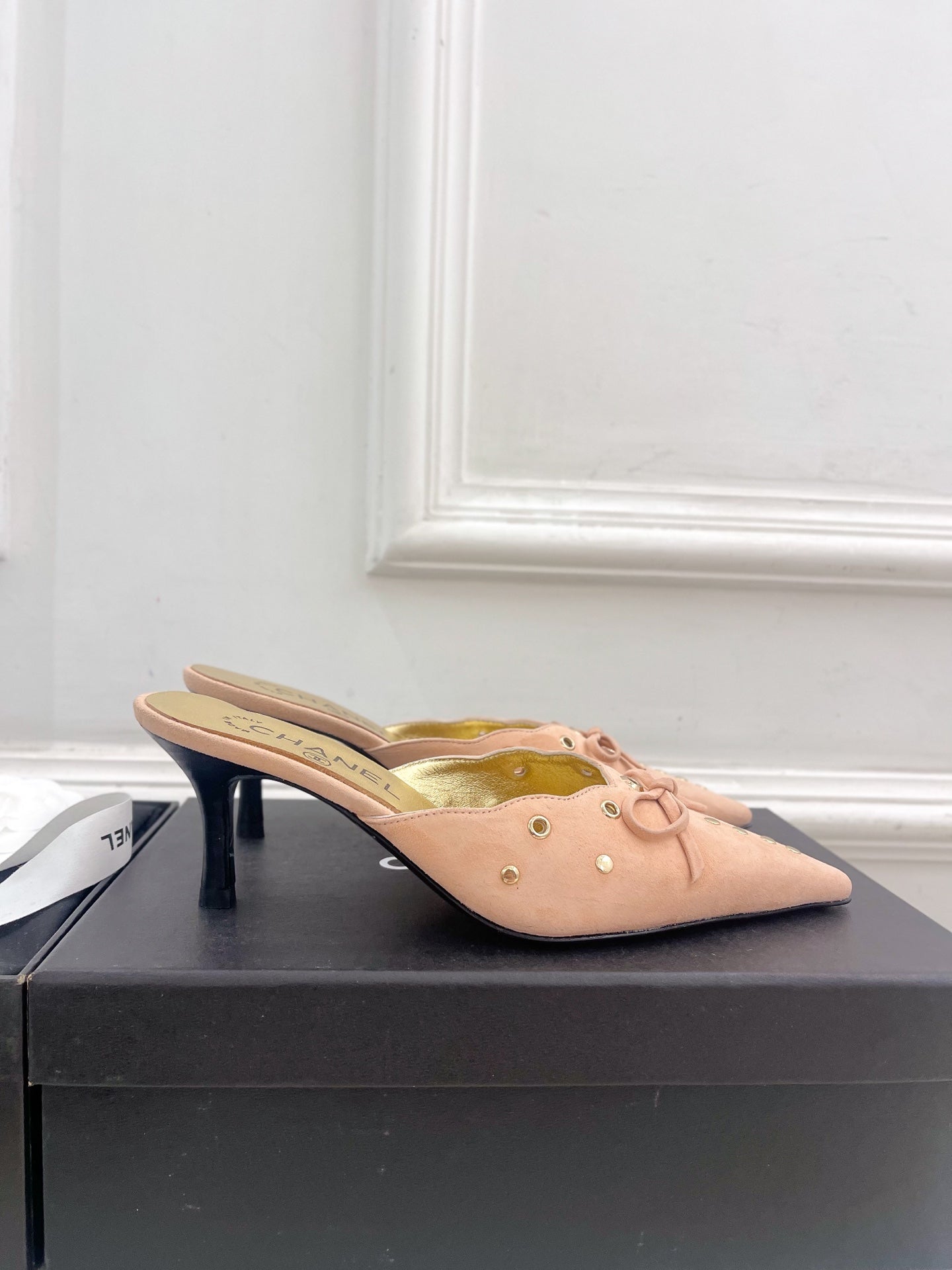 HIGH 65 MM MULE IN PEACH PINK SUEDE - 35