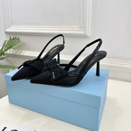 Туфлі PRADA 26S на підборах-слінгбеках із загостреним носком 75 мм із чорної сітки з чорним бантом