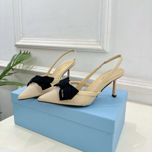 Туфлі-слінгбеки PRADA 26S із загостреним носком, 75 мм, бежева сітка з чорним бантом