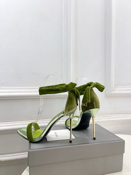 TOM FORD 26S HIGH-HEELED SANDALS 105 MM IN GREEN FABRIC AND CALFSKIN