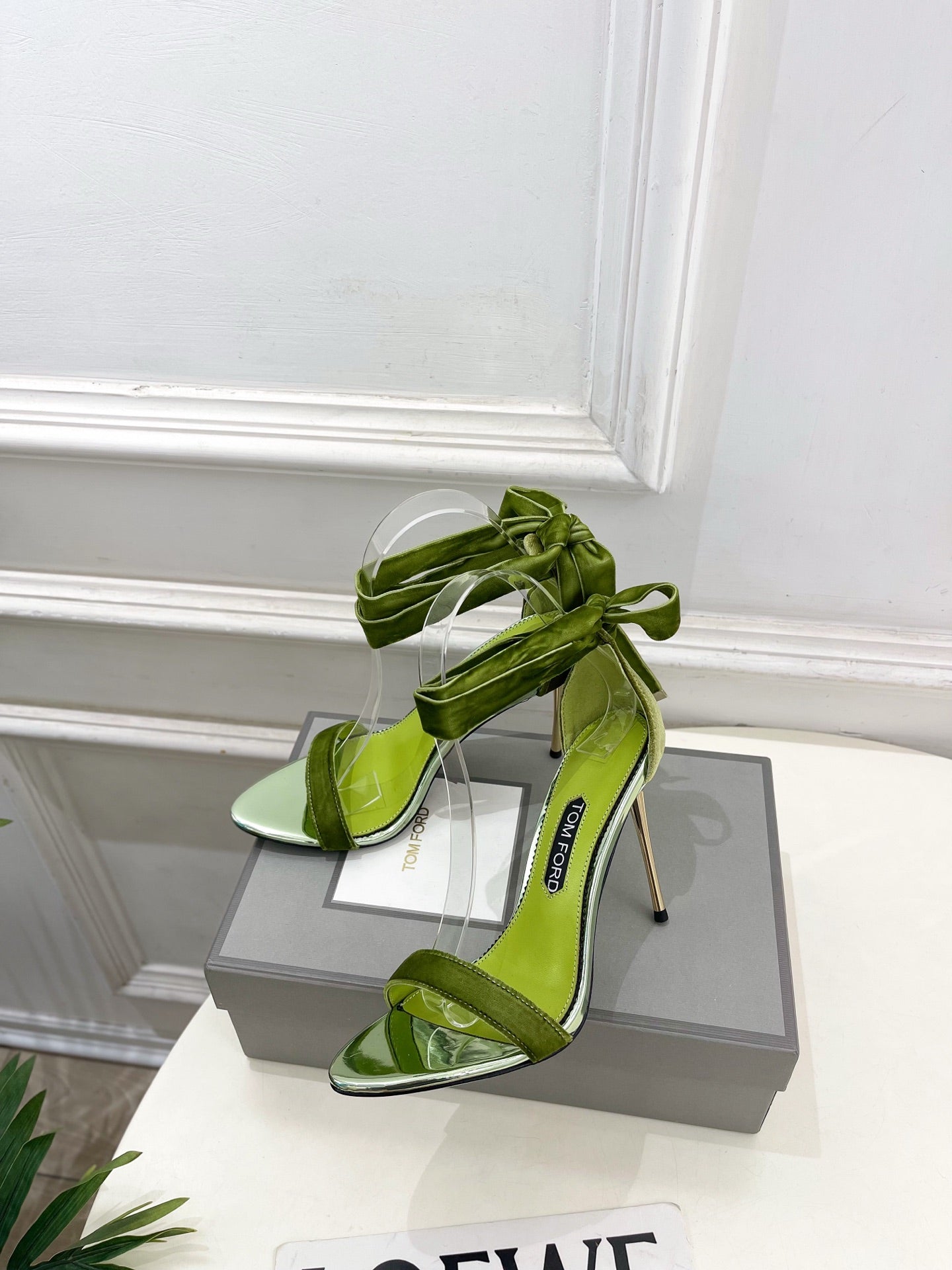 TOM FORD 26S HIGH-HEELED SANDALS 105 MM IN GREEN FABRIC AND CALFSKIN