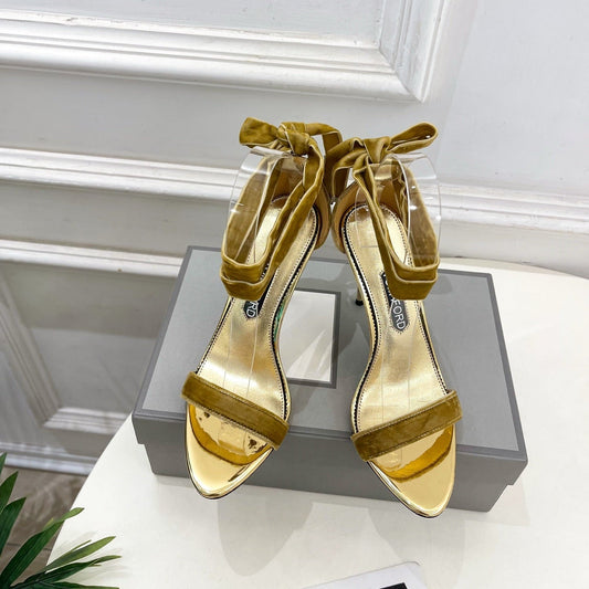 БОСОНІЖКИ НА ВИСОКИХ ПІДБОРАХ TOM FORD 26S 105 ММ З КОРИЧНЕВОЇ ТКАНИНИ ТА ЗОЛОТОЇ ШКІРИ ТЕЛЯТИ