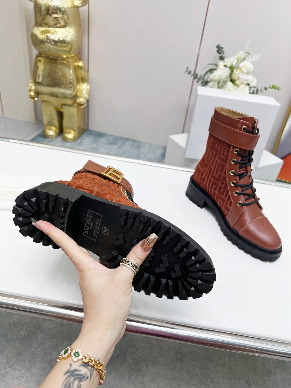 Черевики BALMAIN 26S з телячої шкіри та замші кольору іржі