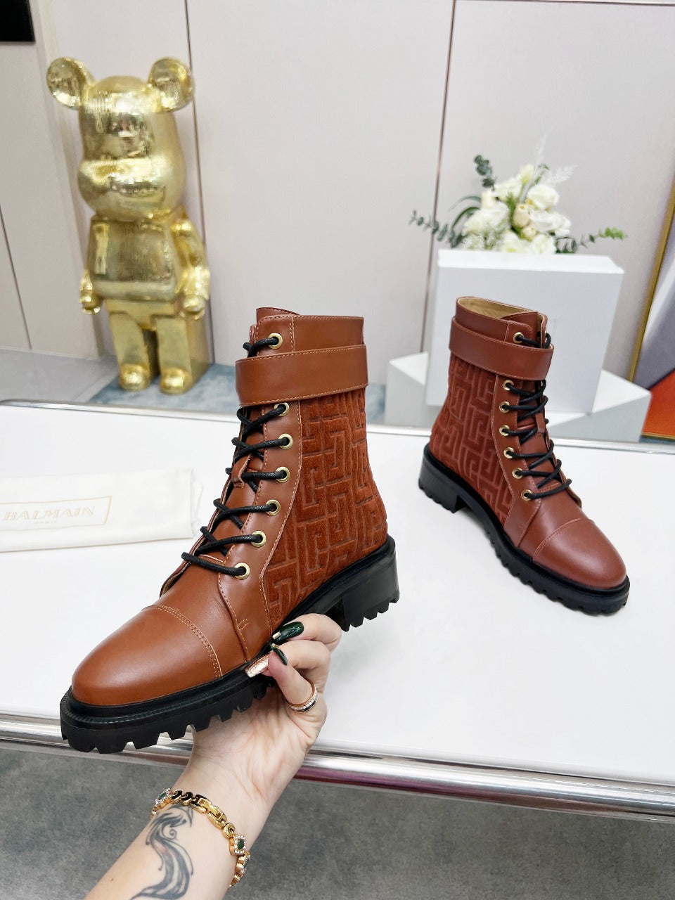 Черевики BALMAIN 26S з телячої шкіри та замші кольору іржі