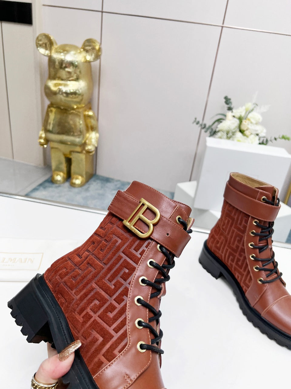 Черевики BALMAIN 26S з телячої шкіри та замші кольору іржі