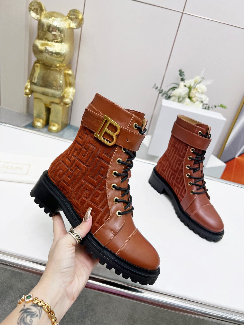 Черевики BALMAIN 26S з телячої шкіри та замші кольору іржі