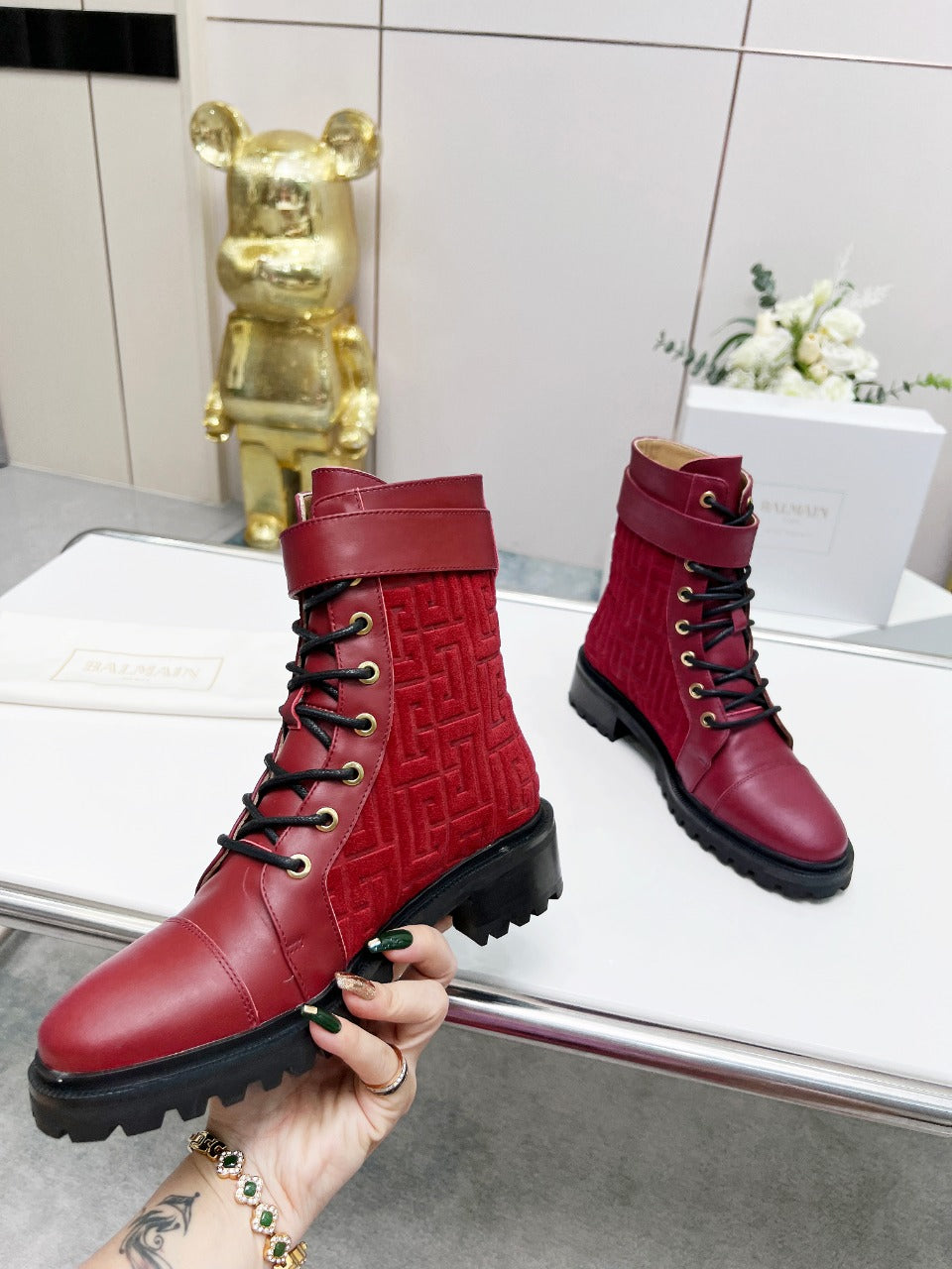 ЧОБОТИ BALMAIN 26S З ТЕМНО-ЧЕРВОНОЇ ТЕЛЯЧОЇ ШКІРИ ТА ЗАМШІ