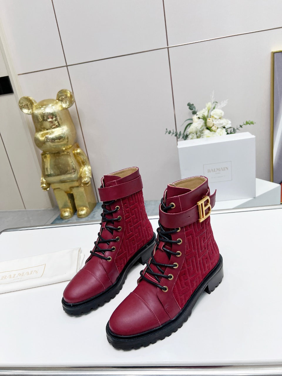 ЧОБОТИ BALMAIN 26S З ТЕМНО-ЧЕРВОНОЇ ТЕЛЯЧОЇ ШКІРИ ТА ЗАМШІ