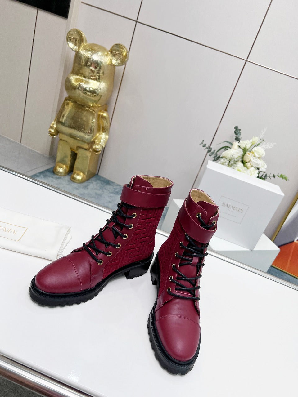 ЧОБОТИ BALMAIN 26S З ТЕМНО-ЧЕРВОНОЇ ТЕЛЯЧОЇ ШКІРИ ТА ЗАМШІ