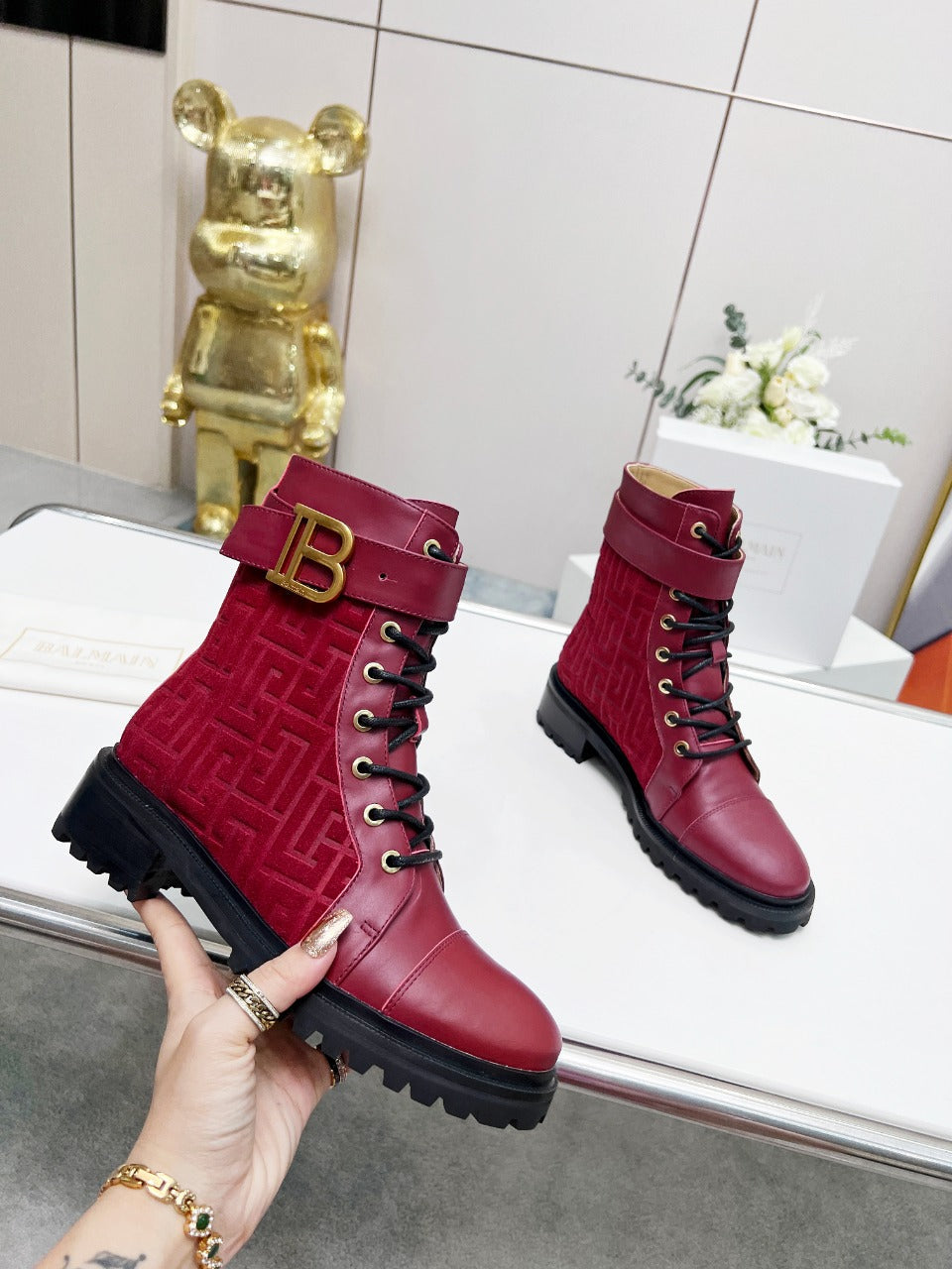 ЧОБОТИ BALMAIN 26S З ТЕМНО-ЧЕРВОНОЇ ТЕЛЯЧОЇ ШКІРИ ТА ЗАМШІ