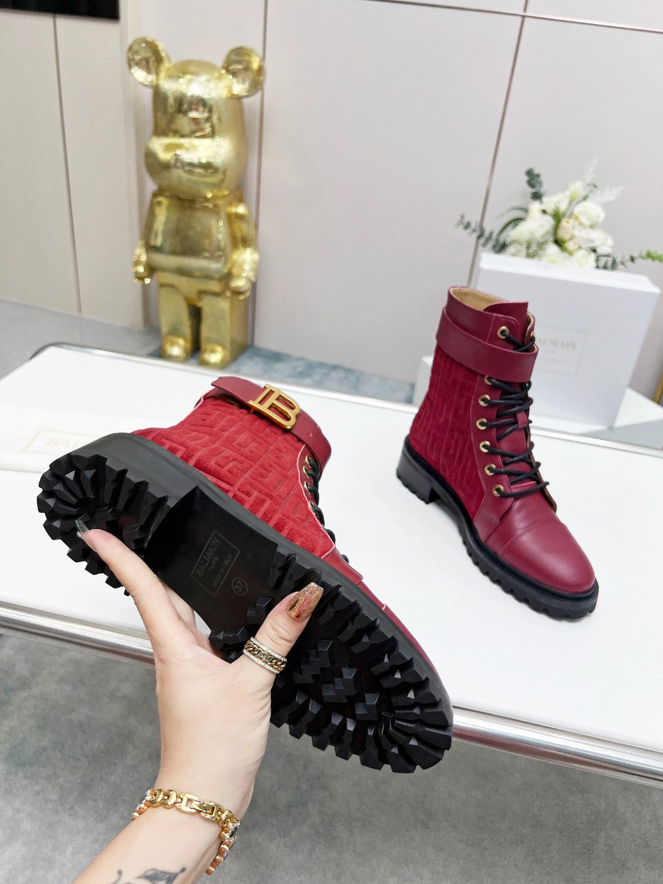 ЧОБОТИ BALMAIN 26S З ТЕМНО-ЧЕРВОНОЇ ТЕЛЯЧОЇ ШКІРИ ТА ЗАМШІ